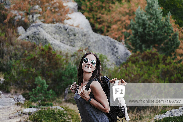 Cheerful woman wearing sunglasses carrying dog in backpack while hiking on mountain