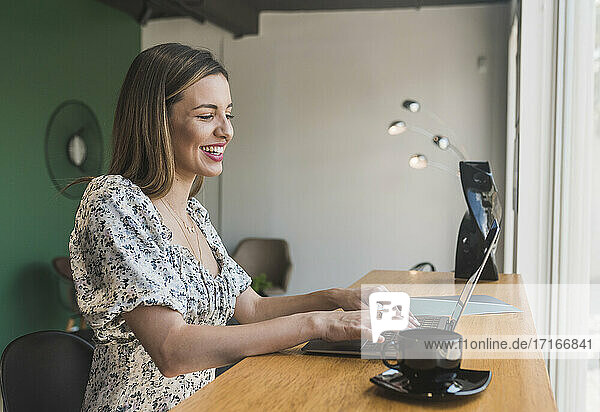Cheerful female entrepreneur working over laptop on table in restaurant