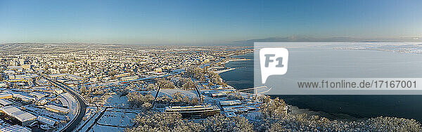Germany  Baden-Wurttemberg  Radolfzell  Aerial view of snow-covered town on shore of Lake Constance