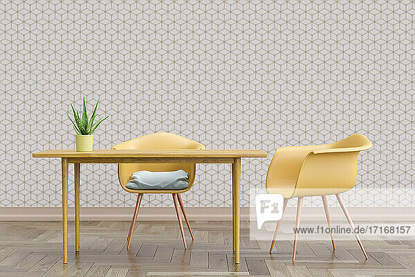 Three dimensional render of two chairs standing by simple table with wall covered in geometric cube wallpaper