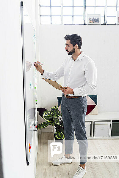 Junger Geschäftsmann  der eine Geschäftsstrategie plant  während er auf eine weiße Tafel im Büro schreibt