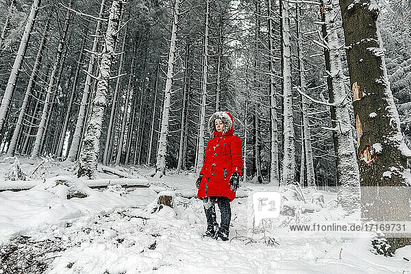 Small girl in red jacket standing on snow covered land at forest