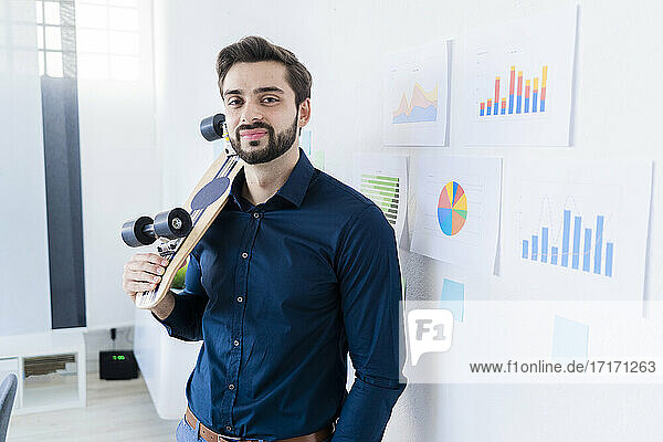 Male entrepreneur with skateboard while standing against wall in office