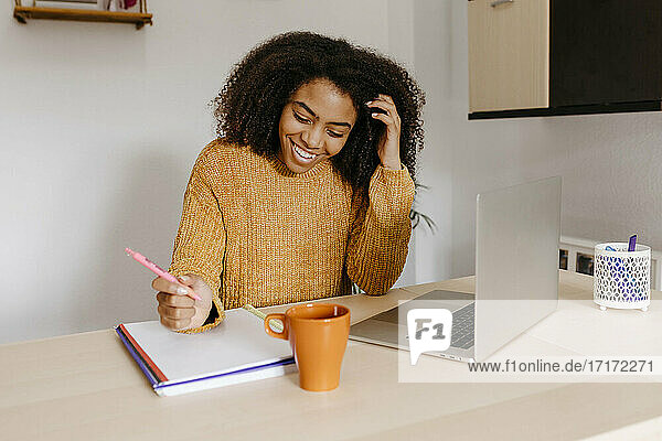 Lächelnde Frau  die an einem Dokument arbeitet  während sie mit einem Laptop im Heimbüro sitzt