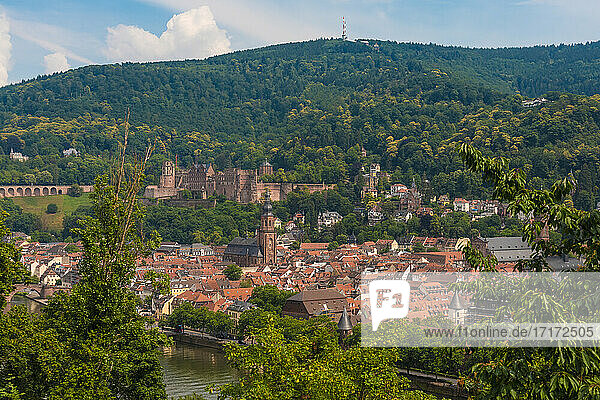 Germany  Baden-Wurttemberg  Heidelberg  Old town with Heidelberg Castle and forested hills in background