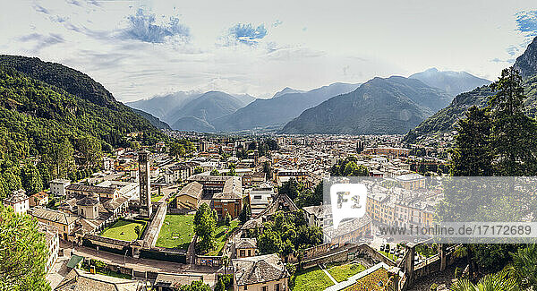 Townscape in Valchiavenna valley against sky  Chiavenna  Province of Sondrio  Lombardy  Italy