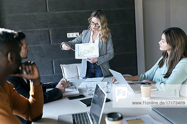 Businesswoman explaining graph while working with colleague in meeting at office