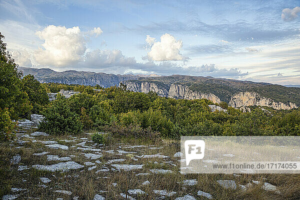 Griechenland  Epirus  Zagori  Pindos-Gebirge  Vikos-Nationalpark  Blick auf Berge  Felsen und Bäume