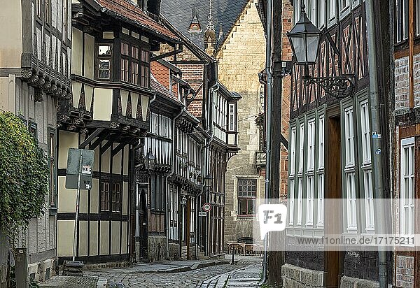 Enge Gasse mit Fachwerkhäusern in der Altstadt  UNESCO Welterbe  Quedlinburg  Sachsen-Anhalt  Deutschland  Europa
