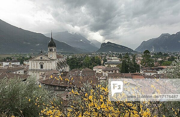 View of Arco with church Chiesa di Santa Maria Assunta  Arco  Arch  Province of Trento  Trentino  Italy  Europe