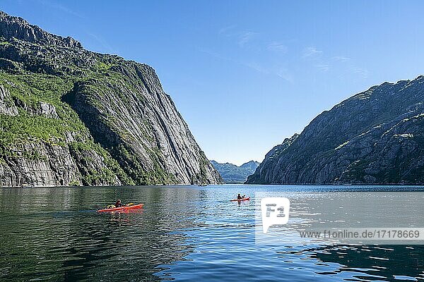 Kayaks on the fjord Trollfjord at Raftsund  Lofoten  Nordland  Norway  Europe