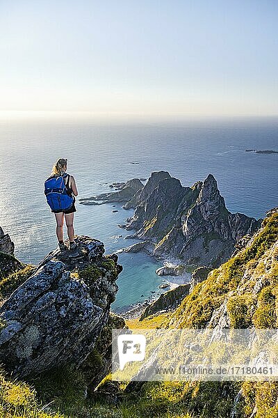 Evening sun  hiker standing on a rock  view of cliffs in the sea  top of the mountain Måtinden  near Stave  Nordland  Norway  Europe