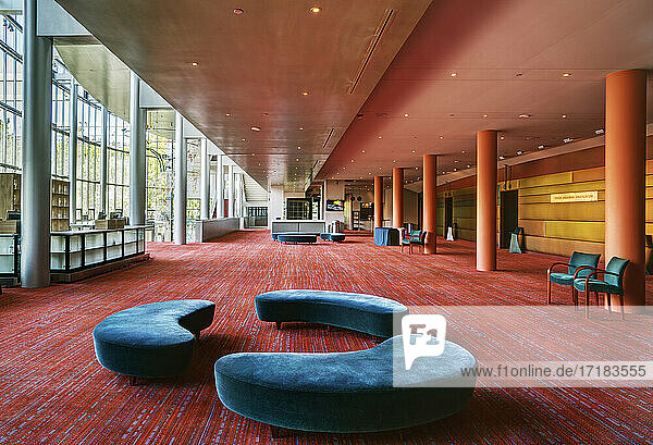 A large open space in a hospitality or business venue,  conference centre hotel,  public space.