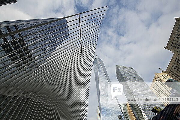 Oculus-Gebäude und Hochhäuser in Lower Manhattan  der Oculus ist eine Bahnstation auf dem Gelände des World Trade Centers  New York City  New York  Vereinigte Staaten von Amerika  Nordamerika