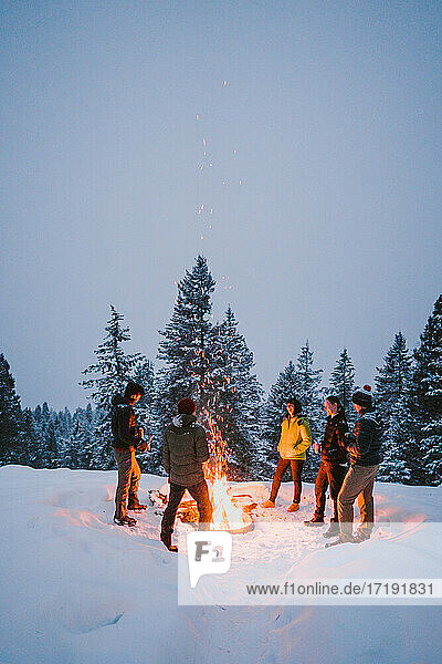 Eine Gruppe von Freunden steht um ein Lagerfeuer mit verschneiten Kiefern