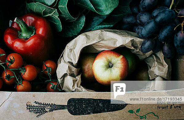 frisches Bio-Obst und -Gemüse in einer wiederverwendbaren Kiste  frisch geerntet