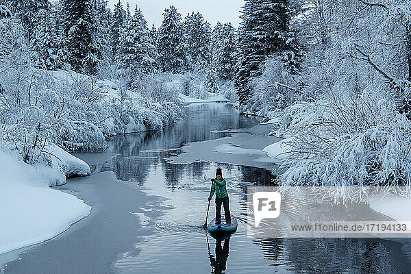 Woman paddleboarding on river amidst snow covered trees during vacation