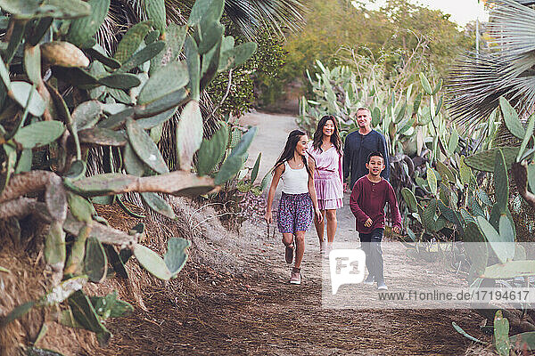 Eine vierköpfige gemischtrassige Familie geht auf einem Kakteenpfad spazieren.