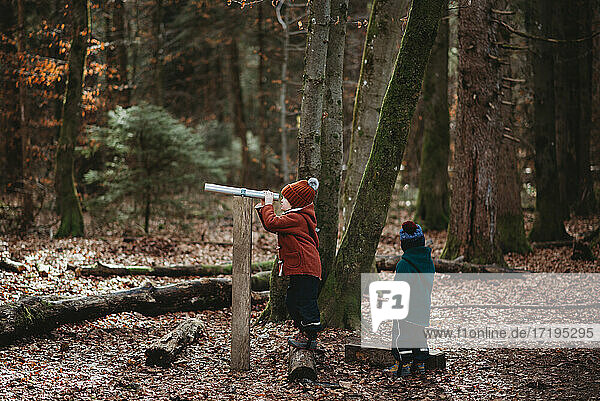 Kleine Kinder im deutschen Wald bei der Erkundung mit dem Fernrohr im Winter