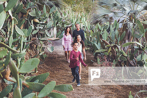 Vierköpfige Familie  die fröhlich auf einem Kakteenpfad spazieren geht.