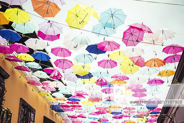 Farbenfrohe künstlerische Installation von Regenschirmen