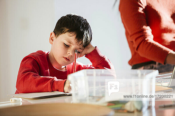 Boy studying while sitting by mother at dining table at home