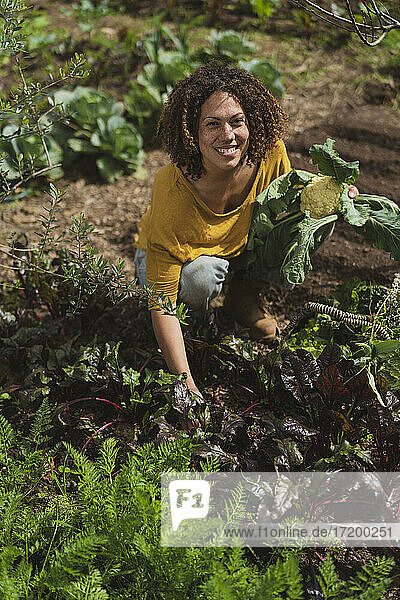 Lächelnde Frau in der Hocke beim Pflücken von Gemüse im Permakultur-Garten