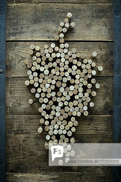 Weinflasche Korken in Form von Weinstock auf rustikalen hölzernen Hintergrund