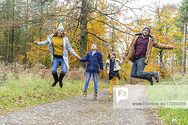 Familie hält sich an den Händen und springt im Herbst auf einem Waldweg
