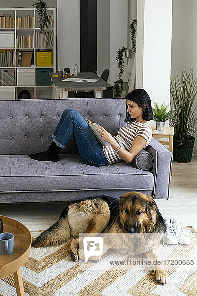 Junge Frau liest ein Buch  während der Hund zu Hause auf dem Teppich sitzt