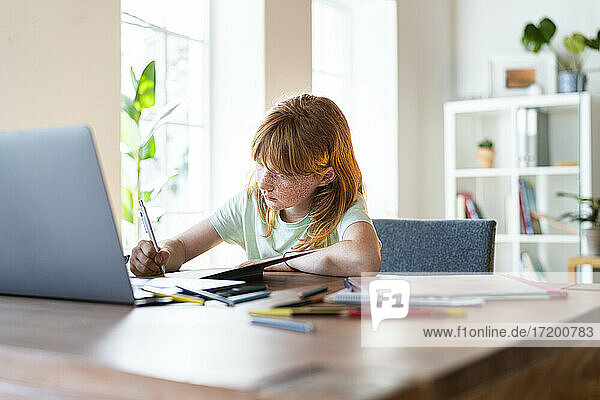 Concentrated redhead girl doing homework in front of laptop at home