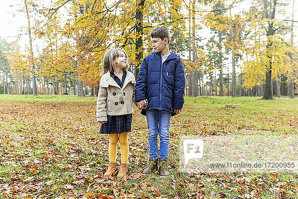 Sibling looking at each other while standing in forest during autumn