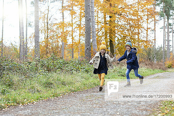 Cheerful siblings playing while running on forest path