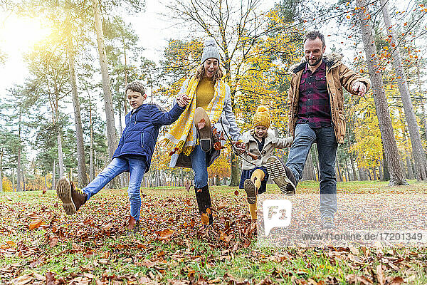 Family holding hands while kicking fallen leaf at forest