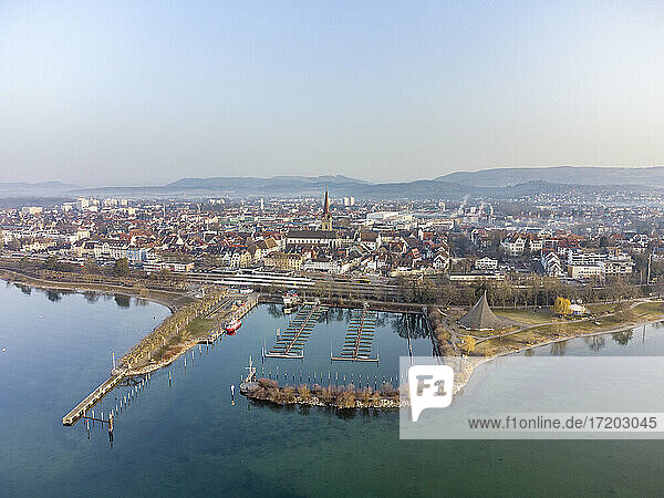 Germany  Baden-Wurttemberg  Radolfzell  Aerial view of clear sky over town on shore of Lake Constance in autumn