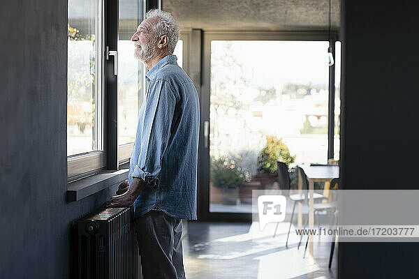 Smiling man looking through window while standing at home