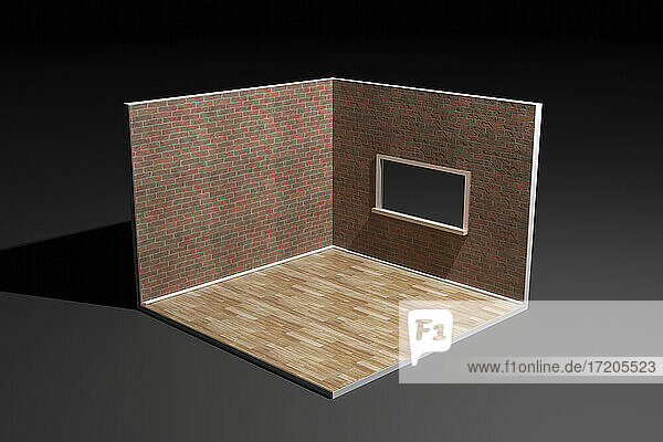 Dreidimensionales Rendering einer Ecke eines leeren Raums mit Ziegelwänden und Holzboden