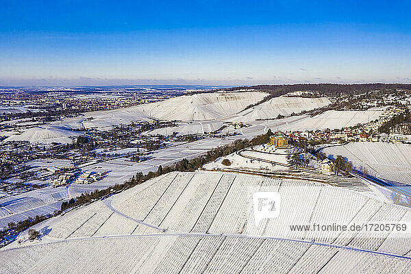 Germany  Baden Wurttemberg  Stuttgart  Aerial view of snow covered vineyards in winter