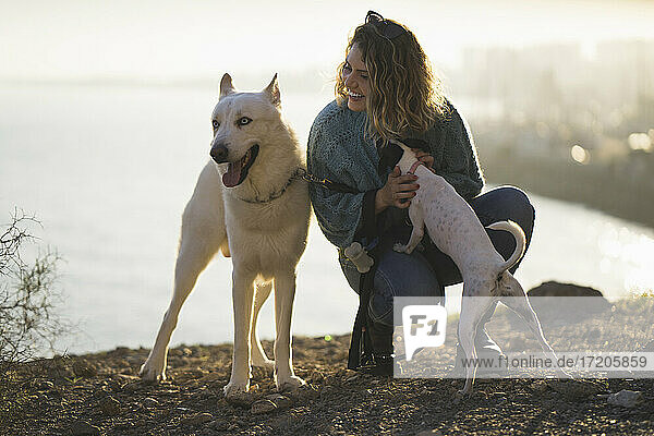 Lächelnde Frau mit Siberian Husky und Jack Russell Terrier  die sich gegen den Himmel stellen
