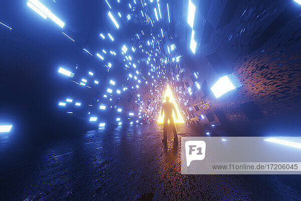 Dreidimensionales Rendering der Silhouette eines Mannes  der vor einem dreieckigen Portal steht  das am Ende eines futuristischen Korridors leuchtet