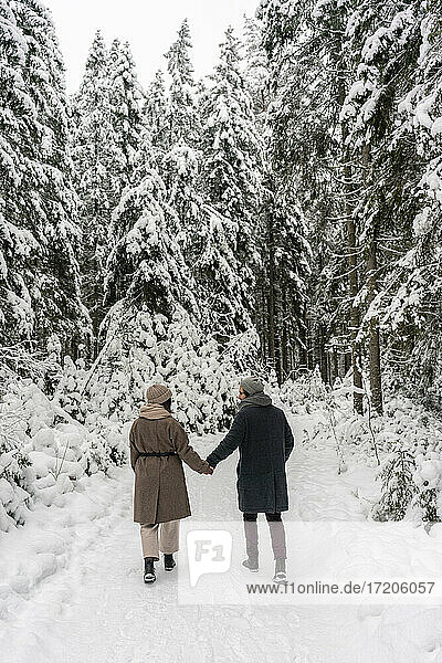 Paar hält sich an den Händen  während es auf einem verschneiten Waldweg spazieren geht