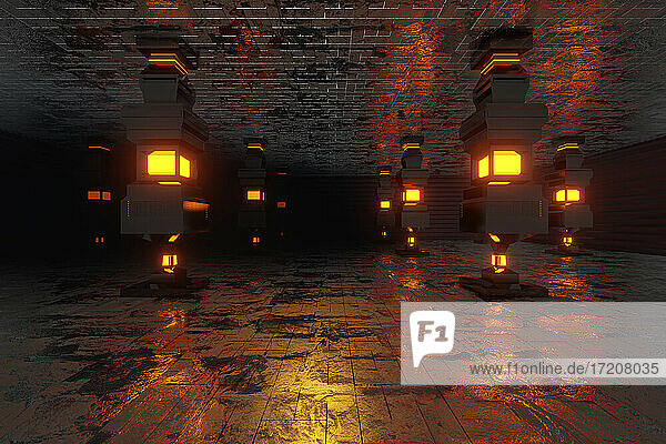 Three dimensional render of dark environment illuminated by glowing pillars