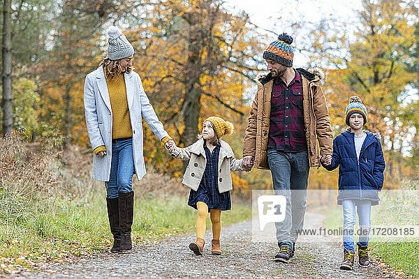 Familie hält sich an den Händen  während sie im Herbst auf einem Wanderweg im Wald spazieren geht