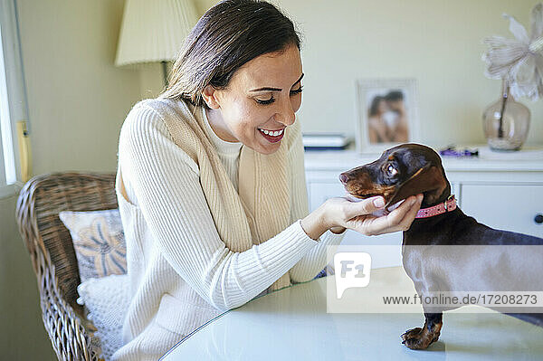 Playful woman admiring dog at table in living room