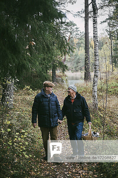 Happy gay couple holding hands while walking in forest