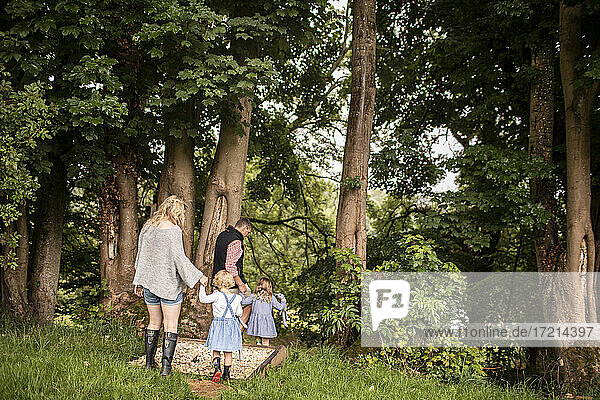 Family holding hands walking among trees on path in woods