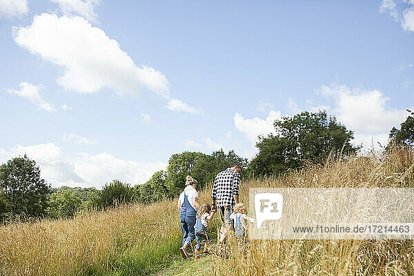Familie hält Hände zu Fuß auf sonnigen ländlichen Sommer Hügel