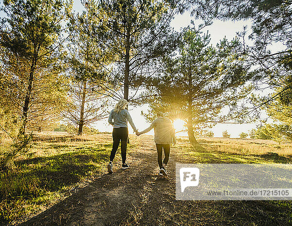 Vereinigte Staaten  Kalifornien  Cambria  Rückansicht von Mutter und Tochter (12-13)  die sich an den Händen halten und in einer Landschaft bei Sonnenuntergang spazieren gehen