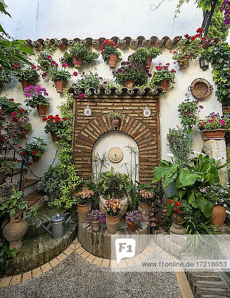 Brunnen im mit Blumen geschmückten Innenhof  Geranien in Blumentöpfe an der Hauswand  Fiesta de los Patios  Córdoba  Andalusien  Spanien  Europa