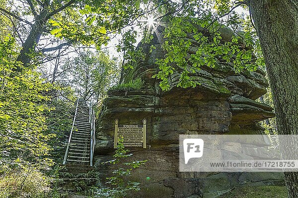 Felsformation Totenstein mit Infotafel und Treppe zum Aufstieg,  Königshainer Berge,  bei Görlitz,  Sachsen,  Deutschland,  Europa